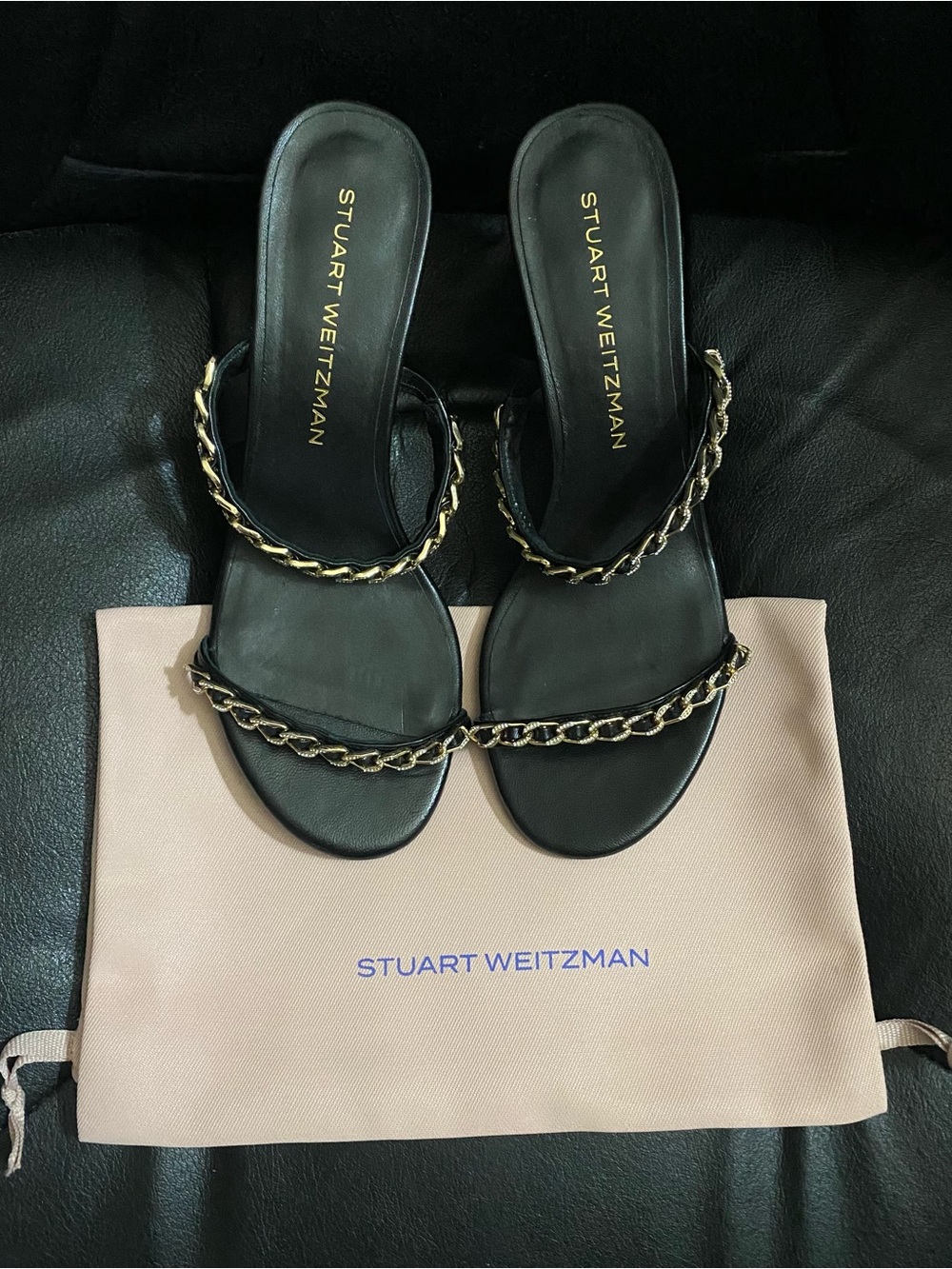 Stuart Weitzman Black Leather Gold Chain-Trim Slide Sandals